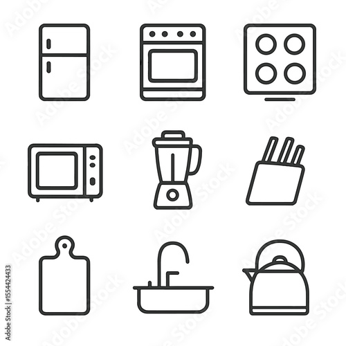 Kitchen Icon Set. Outline icon set of kitchen appliances and utensils: refrigerator, oven, stovetop, microwave, blender, knife set