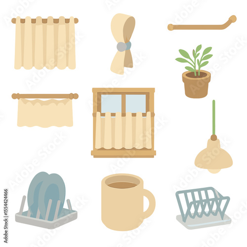 Kitchen Linen Icons. Isometric Flat icon set of kitchen linen café curtains: café curtain panel, tieback clip, curtain rod,