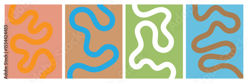 Set of color abstract banner with curvy line and motivational phrase. Background with scribble squiggle. Wave line art . Vector Illustration . 