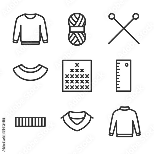 Knitting Icons Set. Outline icon set of knitting a sweater: sweater outline, yarn skein, knitting needles, yoke increase, pattern