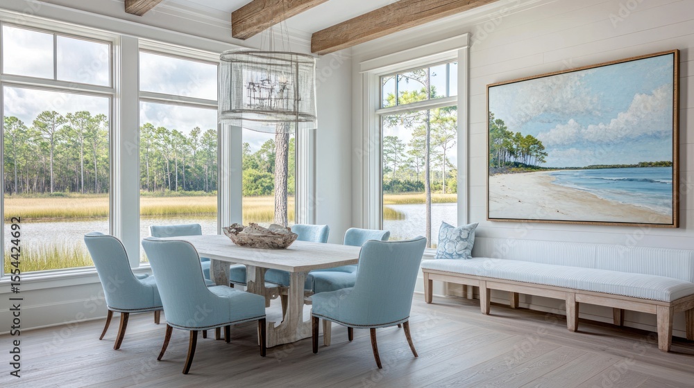 Fototapeta premium Light-filled dining room with panoramic water views.