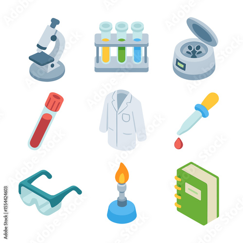 Laboratory Icons Set. Isometric Flat icon set of laboratory and pathology services: microscope, test tube rack, centrifuge, lab