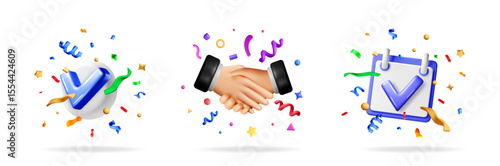 3D render of a business handshake with colorful confetti, a check mark on a sphere, and a check on a calendar. Success and partnership concept.