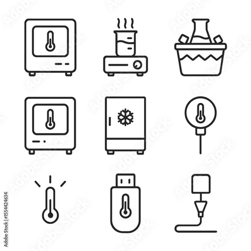 Laboratory Temperature Icons. Outline icon set of laboratory temperature control: incubator, hot plate, ice bath, refrigerated