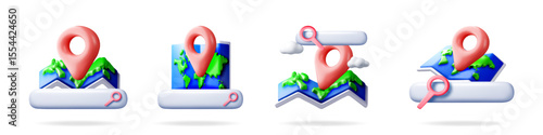 Four 3d illustrations of map icons with search bars and location pins, representing navigation, travel, and global exploration concepts.