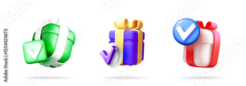 Three 3d gift boxes with checkmark icons. Digital confirm present for loyalty program and bonus. Cartoon happy celebration for reward.