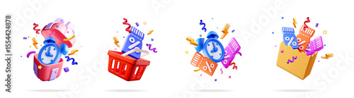 Set of 3d comic alarm clock, shopping basket, coupon and gift box for sale offer and discount. Concept for online shopping. Marketing.