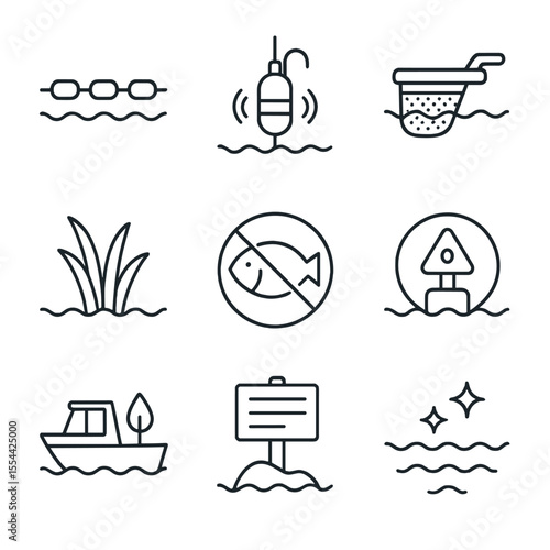 Lake Conservation Icons. Outline icon set of Lake Conservation: floating barrier, water quality sensor, waste skimmer, native