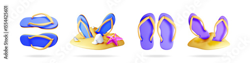 Set of 3d vibrant stylized flip flop sandals in various views, perfect for summer vacation and beach holiday concept.