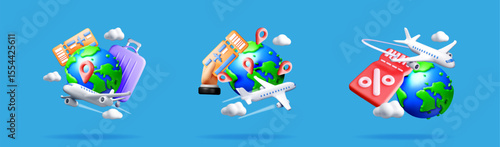 Travel and tourism concept set in 3d style. Earth globe with airplane, ticket, suitcase, and location pin for adventure.