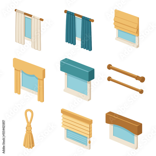 Layered Window Treatments Icons. Isometric Flat icon set of layered window treatments with linen curtains: sheer curtain layer,