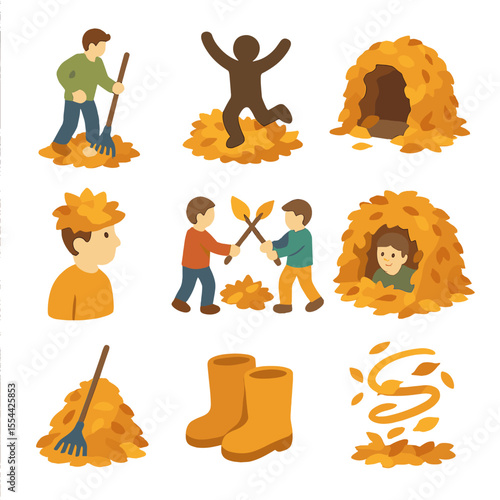 Leaf Play Icons. Isometric Flat icon set of leaf pile activities: raking leaves, jumping silhouette, leaf tunnel, leaf hat, leaf