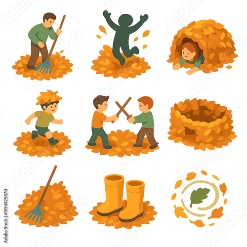 Leaf Play Icons. Isometric Flat icon set of leaf pile activities: raking leaves, jumping silhouette, leaf tunnel, leaf hat, leaf