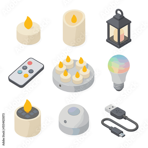 LED Candle Icons. Isometric Flat icon set of LED candles and modern alternatives: LED tealight, battery-operated pillar, flameless