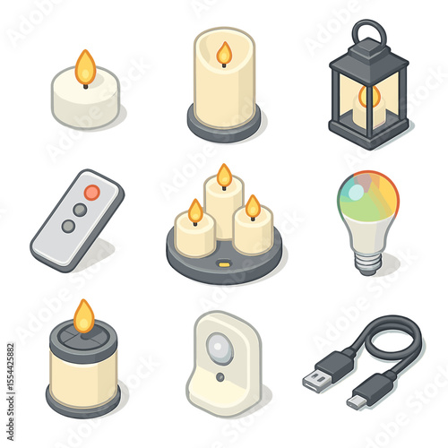 LED Candle Icons. Isometric Flat icon set of LED candles and modern alternatives: LED tealight, battery-operated pillar, flameless