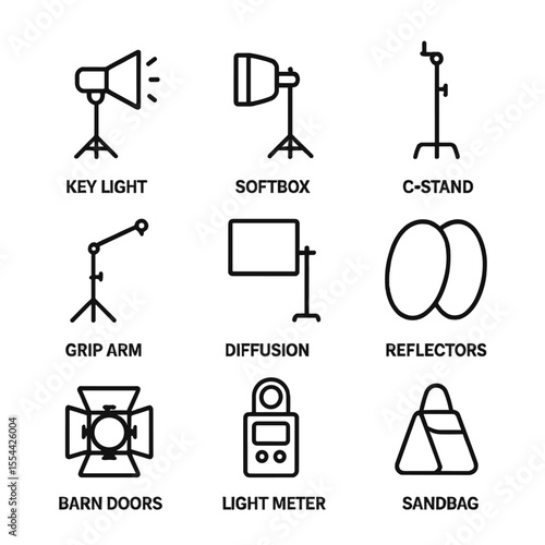 Lighting Equipment Icons. Outline icon set of Lighting and Grip Setup: key light, softbox, C-stand, grip arm, diffusion panel,