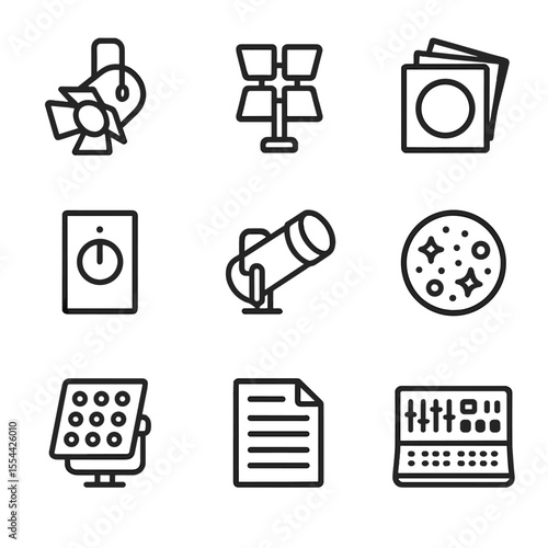 Lighting Icon Set. Outline icon set of lighting cues: spotlight, floodlight, color gel, dimmer switch, follow spot, gobo pattern,