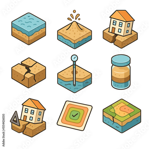 Liquefaction Icon Set. Isometric Flat icon set of liquefaction phenomena: water-saturated soil, sand boil eruption, sinking