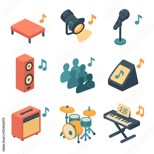 Live Performance Icon Set. Isometric Flat icon set of live performance setup: stage platform with notes, concert spotlight with