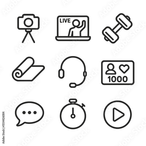 Live-Stream Workout Icons. Outline icon set of live-stream workout classes: camera tripod, laptop screen with instructor, dumbbell