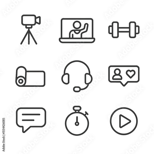 Live-Stream Workout Icons. Outline icon set of live-stream workout classes: camera tripod, laptop screen with instructor, dumbbell