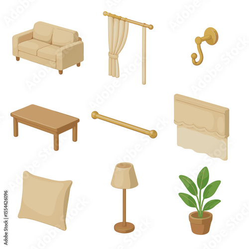 Living Room Icons. Isometric Flat icon set of living room linen draperies: sofa, coffee table, floor-length linen drape, tieback