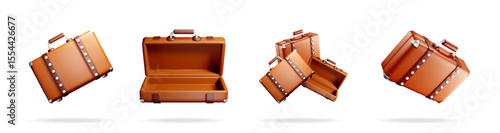 Realistic rendering of travel suitcase in various positions for a travel and vacation concept. Isolated 3d holiday journey element.