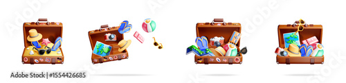Suitcase full of travel items. Summer holiday vacation trip. World tour concept. Cute 3d vector for web and journey.