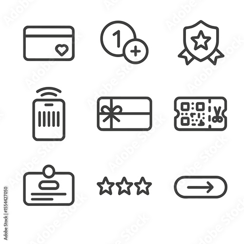 Loyalty Program Icons. Outline icon set of brand loyalty program features: loyalty card, reward points, tier badge, barcode