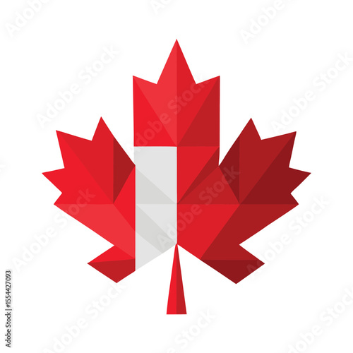 Geometric red and white maple leaf isolated on white background