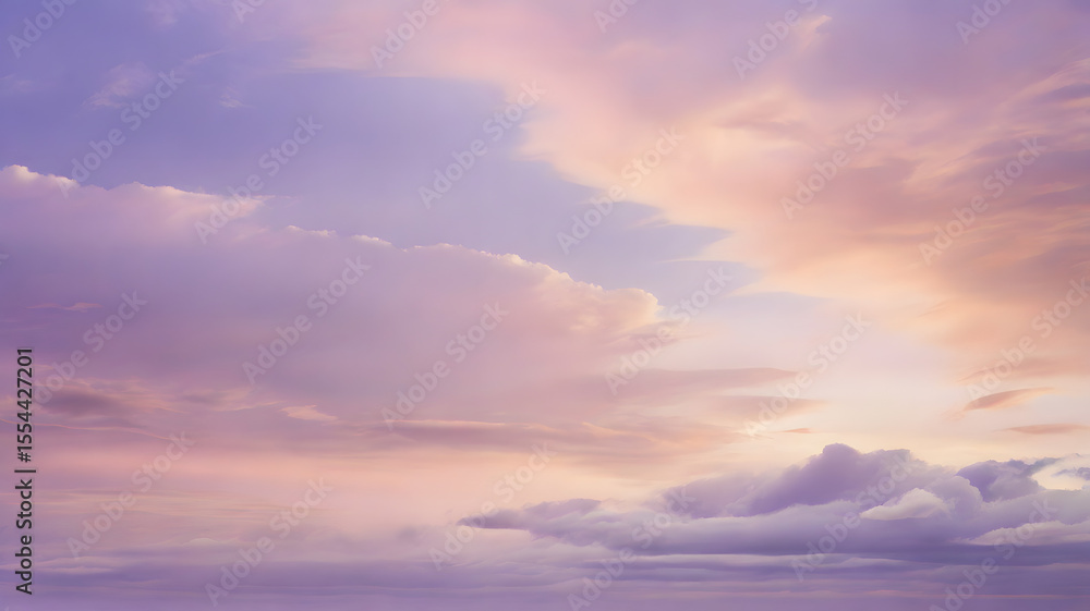 Fototapeta premium Natural lavender sky with clouds image. Bright blue and lavender sky with fluffy white clouds on a clear sunny day. 