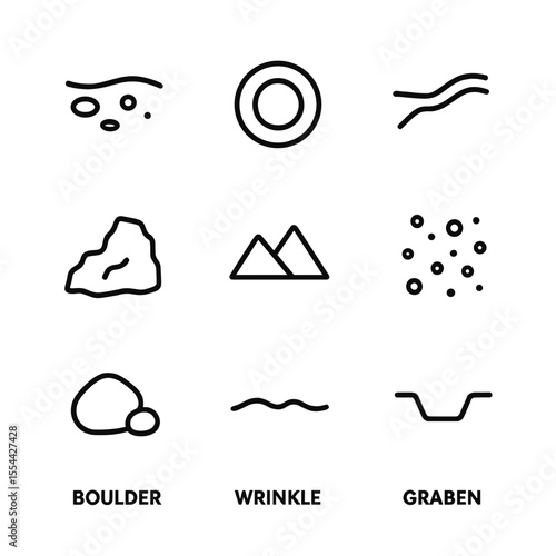 Lunar Surface Icon Set. Outline icon set of Lunar Surface Features: mare, crater, rille, highland, mountain, regolith, boulder,