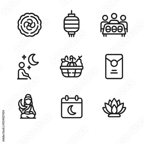 Lunar Festival Icon Set. Outline icon set of Lunar Calendar and Festivals: mooncake, lantern, mid-autumn family gathering, moon