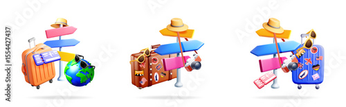 3d illustration set of travel vacation concept with luggage, hat, camera, sunglasses, world, and direction signpost on white background for banner.