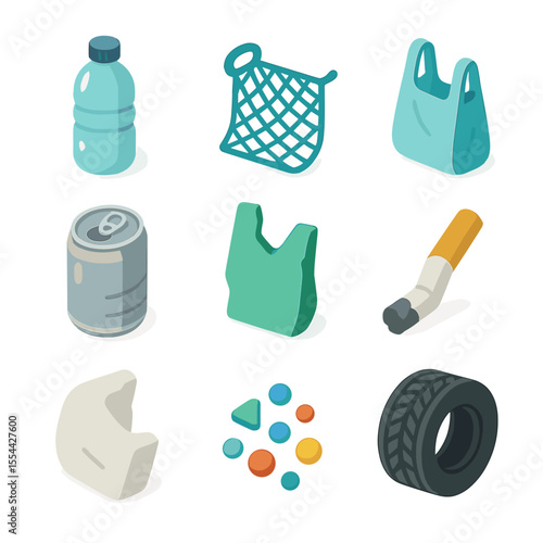 Marine Debris Icons. Isometric Flat icon set of marine debris categories: plastic bottle, fishing net, plastic bag, aluminum can,