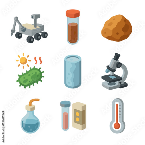 Mars Habitability Icons. Isometric Flat icon set of Mars microbial habitability: rover drill, soil sample vial, Mars rock fragment
