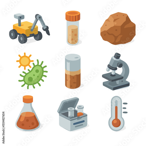 Mars Habitability Icons. Isometric Flat icon set of Mars microbial habitability: rover drill, soil sample vial, Mars rock fragment