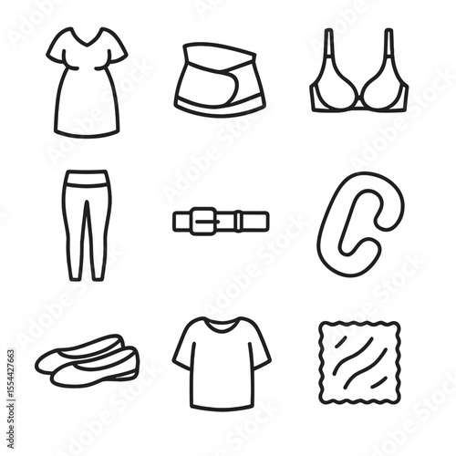 Maternity Clothing Icons. Outline icon set of maternity clothing and accessories: maternity dress, belly support band, nursing bra