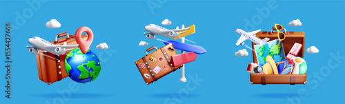 Global travel concept with suitcase, airplane, world globe, map and various destination elements. Holiday adventure and tourism idea.