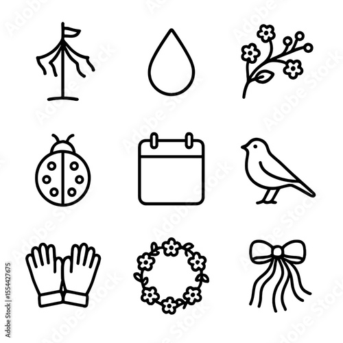 May Day Icons. Outline icon set of May Day and Seasonal Celebration: May pole, spring rain drop, blossoming branch, ladybug, robin