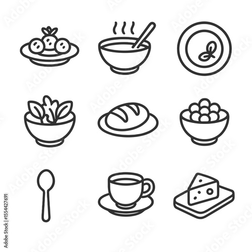 Meal Course Icons. Outline icon set of meal courses: appetizer dish, soup bowl, entrée plate, salad bowl, bread plate, side dish