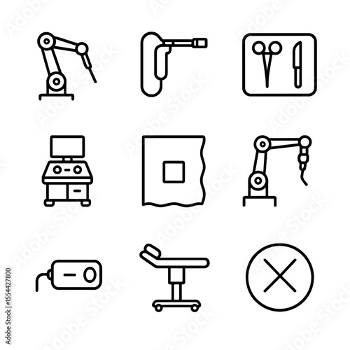 Medical Robot Icons. Outline icon set of Medical and Surgical Robots: surgical arm, endoscopic camera, instrument tray, control