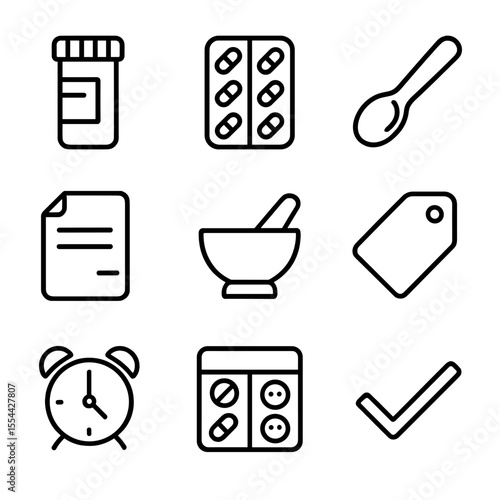 Medication Icon Set. Outline icon set of prescription and medication review: pill bottle, blister pack, dosage spoon, prescription