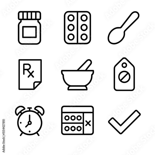 Medication Icon Set. Outline icon set of prescription and medication review: pill bottle, blister pack, dosage spoon, prescription