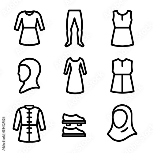 Medieval Garments Icons. Outline icon set of medieval European garments: tunic, hose, surcoat, coif, cotehardie, tabard, gambeson,
