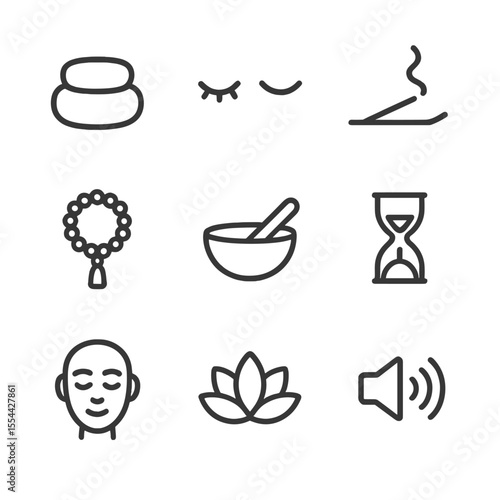 Meditation Icon Set. Outline icon set of guided meditation session: meditation cushion, closed eyes silhouette, incense stick,