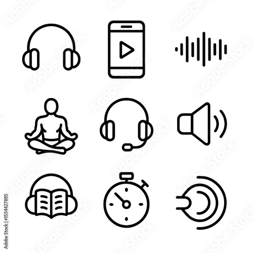 Meditation Audio Icons. Outline icon set of guided audio meditation for athletes: headphones, smartphone play button, audio
