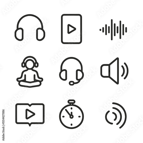Meditation Audio Icons. Outline icon set of guided audio meditation for athletes: headphones, smartphone play button, audio