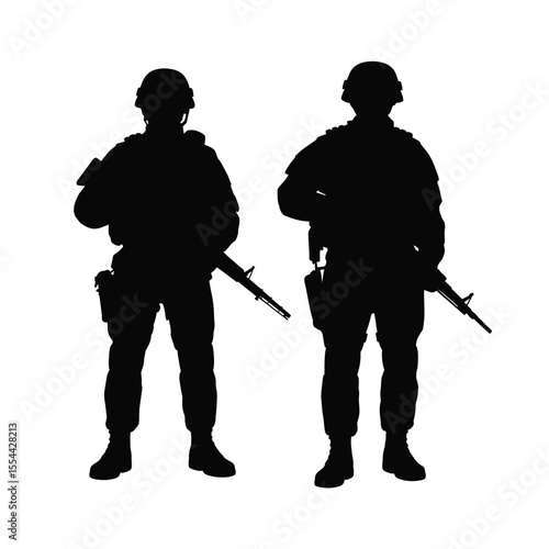 Two Soldiers in Silhouette Standing with Rifles on White Background