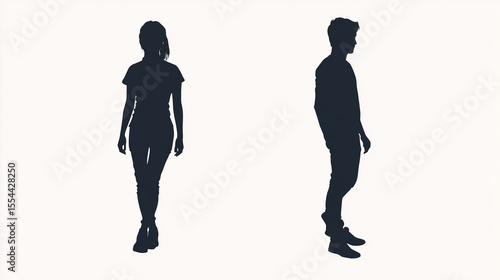 Silhouette of a man and woman standing on white background.